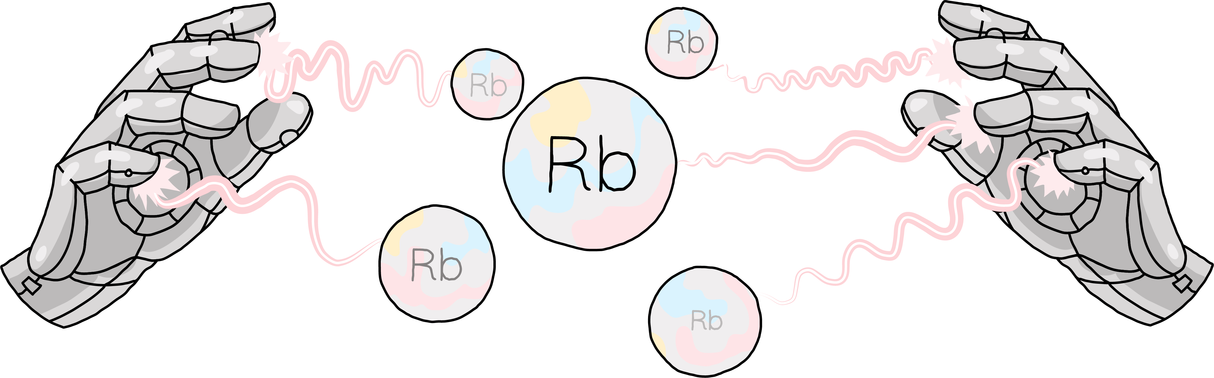 Illustration of robotic hand controlling Rubidium atoms with electromagnetic pulses